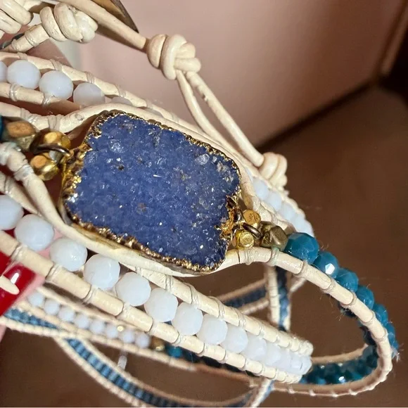 Nakamol blue white Raw gemstone boho Mediterranean long Wrap bracelet - Picture 10 of 15